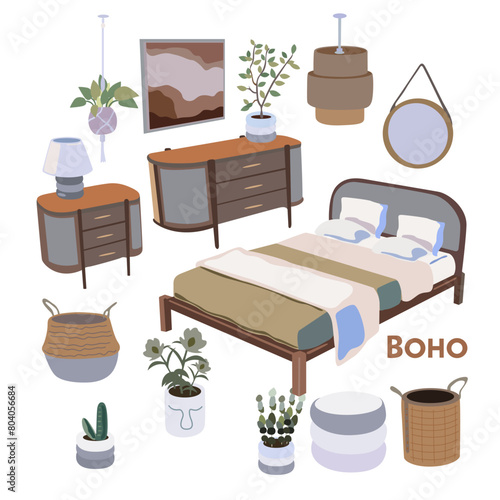 Bedroom furniture vector set on a white background. Boho style. Bedroom cartoon brown wooden furniture. Flat bedroom interior. Bed, wardrobe, lamp, flowers and other bedroom decor