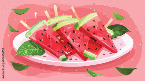 Plate with sweet watermelon sticks on pink background