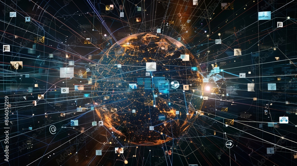 An intricate network globe formed from social media profiles, each photo a pixel in a larger image of digital unity and community An intricate network globe formed from social media profiles, each photo a pixel in a larger image of digital unity and community