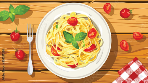 Plate with tasty boiled pasta on wooden table Vector