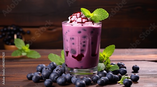 Blueberry jogurt smoothie in glass jar  copy space