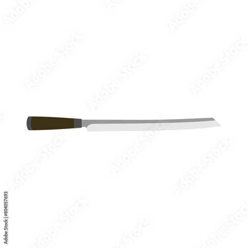 Burja, Japanese-made prosciutto knife flat design illustration isolated on white background. A traditional Japanese kitchen knife with a steel blade and wooden handle.
