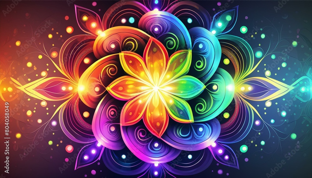 Digital art; photography rainbow colored of an abstract fractal background with kaleidoscope effect, spiral circle circular fashion on wet black backdrop and magical energy concept template, UHD, HD Digital art; photography rainbow colored of an abstract fractal background with kaleidoscope effect, spiral circle circular fashion on wet black backdrop and magical energy concept template, UHD, HD