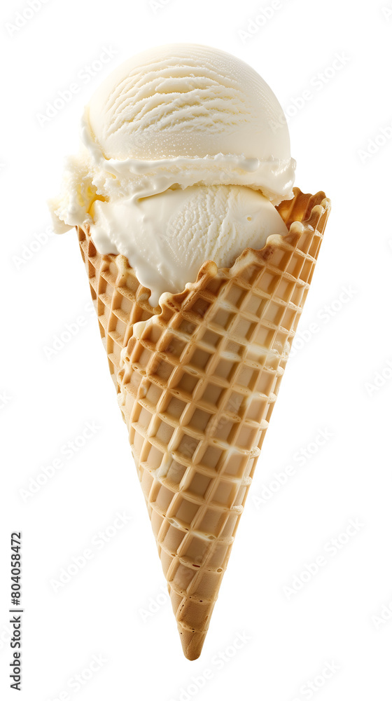 Vanilla Ice Cream on Waffle Cone Transparent Background 