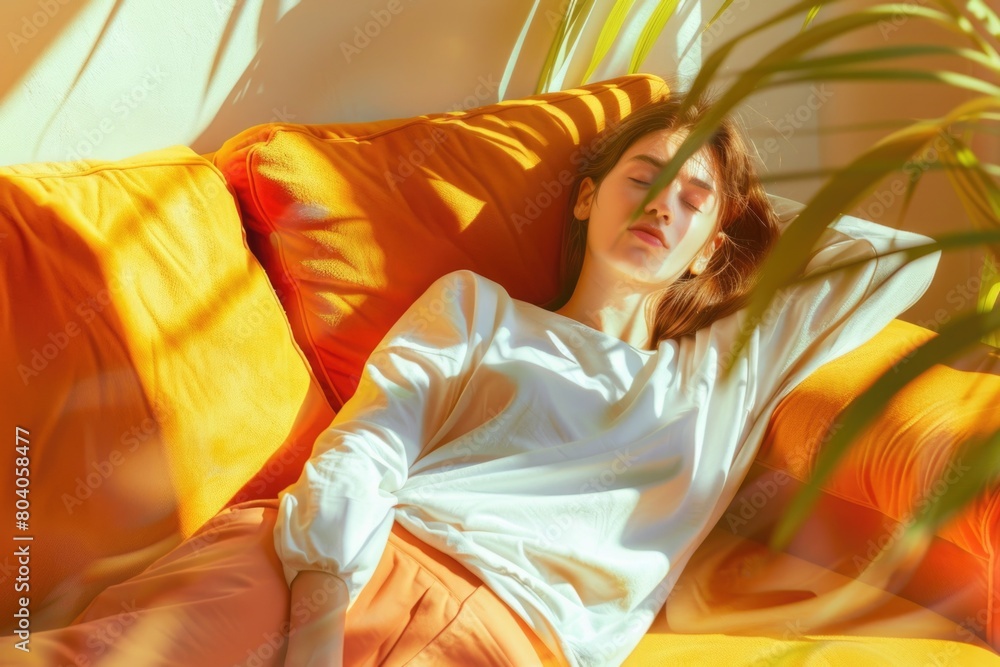 Fototapeta premium A woman laying on a couch with her eyes closed. Suitable for relaxation and lifestyle concepts