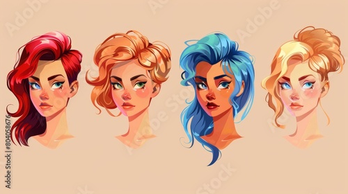 The modern image shows blond, red and blue hairstyles on women's heads. This illustration is a modern illustration of beautiful girls faces, fashion ladies avatars.