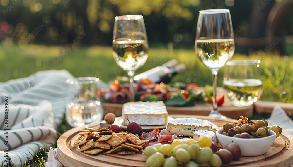 picnic with white wine served outside with cheese and charcuteri