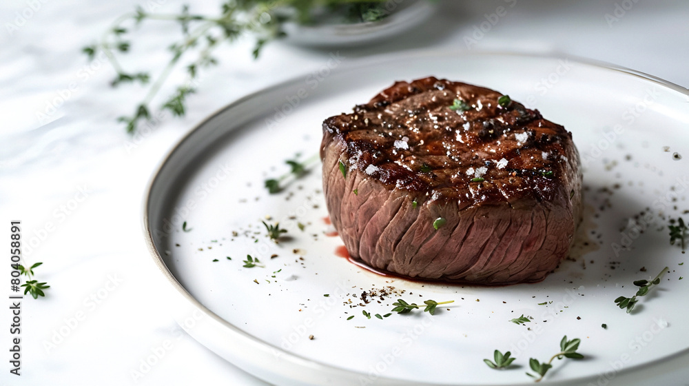 Grilled steak with herbs on a white plate Grilled steak with herbs on a white plate