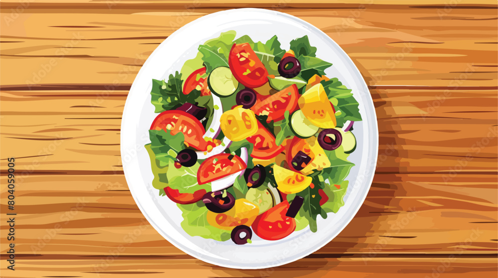 Plate with tasty salad on wooden background Vector style