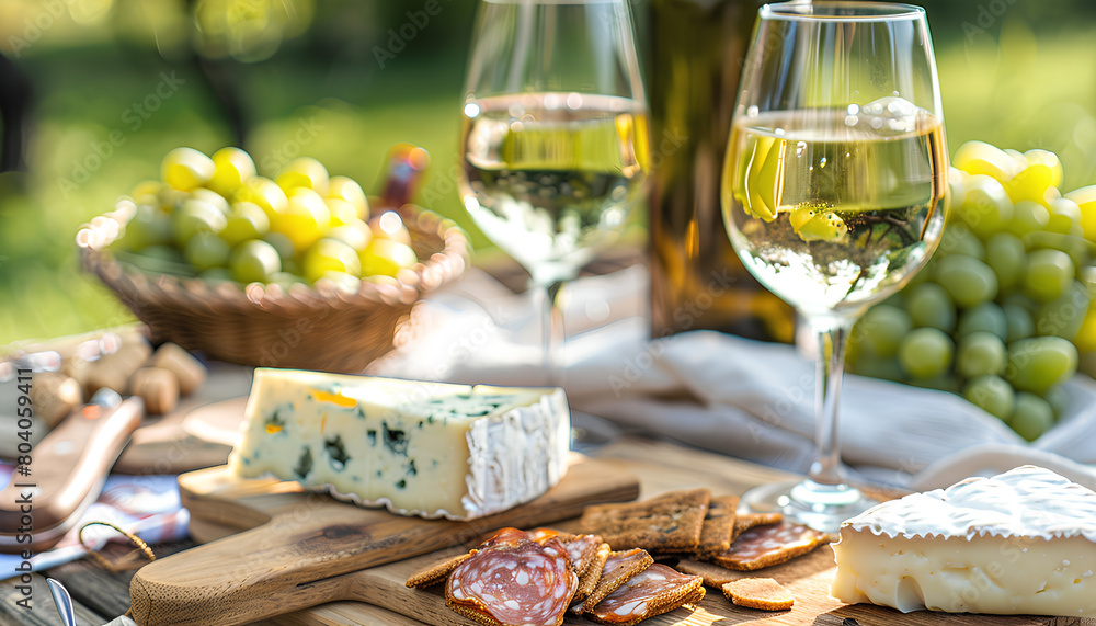 picnic with white wine served outside with cheese and charcuteri