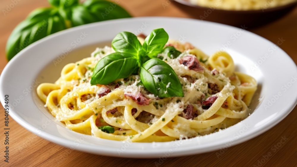 Delicious pasta dish with fresh basil and grated cheese Delicious pasta dish with fresh basil and grated cheese