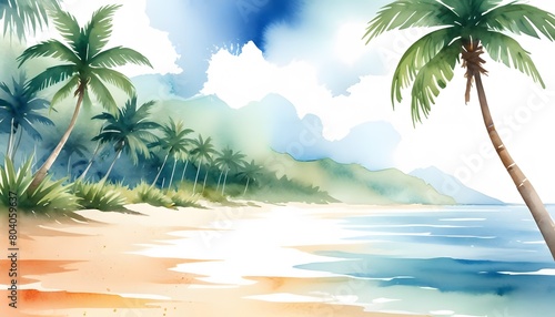  Sea beach landscape. Cartoon summer sunny day  ocean view the horizontal panorama  water sand  and clouds. Vector illustration of beach vacation background