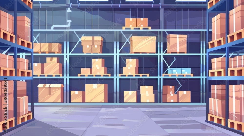 The interior of a storage room with shelves with cartons packages and wooden pallets on them, closed rolling shutter gates, is illustrated in modern form as an empty warehouse with cardboard boxes on The interior of a storage room with shelves with cartons packages and wooden pallets on them, closed rolling shutter gates, is illustrated in modern form as an empty warehouse with cardboard boxes on