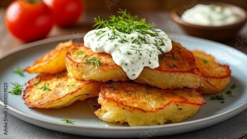  Deliciously goldenbrown potato pancakes with creamy sauce and fresh herbs