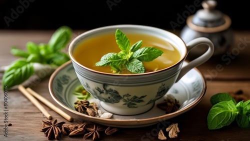  Aromatic tea with mint and spices ready to be savored