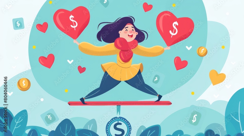 Concept of balancing work and family life with young girl on teeterboard holding heart and dollar sign. Cartoon modern illustration of choice between career and family.
