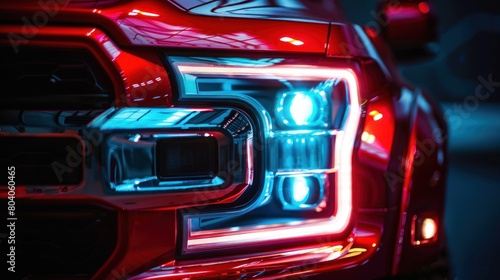 Close up red Pickup Truck detail on one of the LED headlights © HPMP Studio