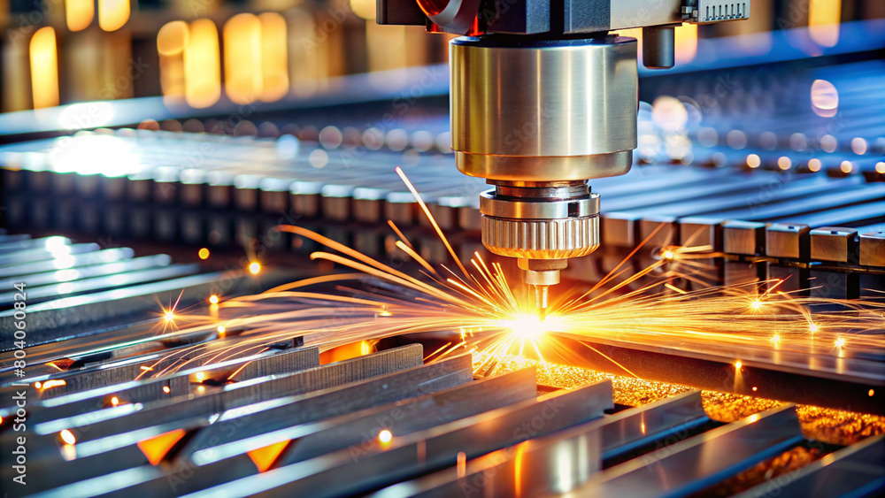 Precision laser cutting metal on a CNC machine, sparks flying in a dance of innovation. Molten metal mastery, an industrial ballet of bright sparks in vivid detail. Precision laser cutting metal on a CNC machine, sparks flying in a dance of innovation. Molten metal mastery, an industrial ballet of bright sparks in vivid detail.