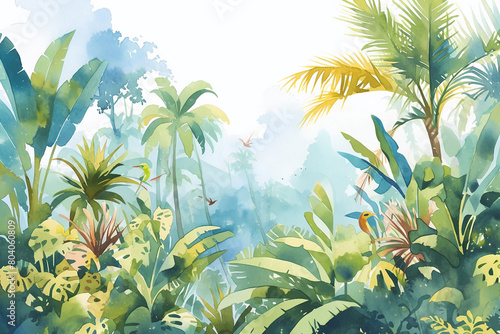 Watercolor illustration of tropical jungle. Vacation and summer travel concept. Design for a resort s promotional material. Interior poster for a spa or wellness center. Banner with copy space.