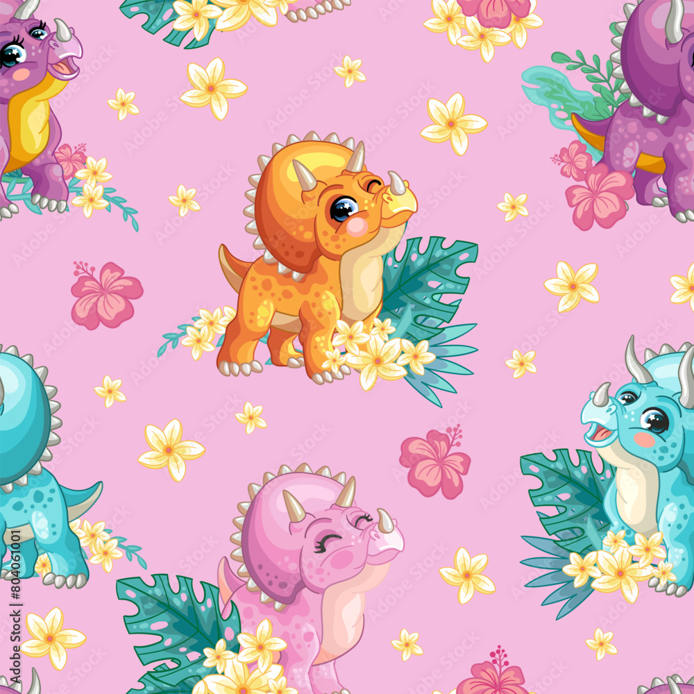 Naklejka premium Cute dinosaur on a pink background seamless pattern vector
