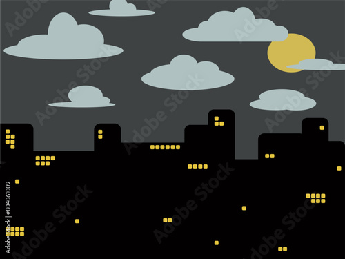 Night life in big city. Landscape, made of abstract buildings with light in it's windows, cartoon clouds, moon. Flat vector illustration.
