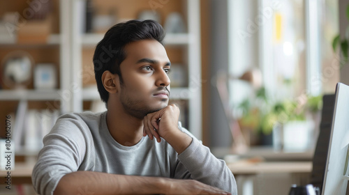 Distracted from work pensive young Indian man looking in distance, thinking of problem solution, planning new project busy in workday sitting in modern home office, business vision, workflow on-line photo