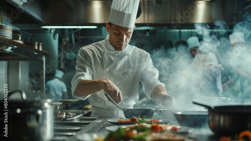 A skilled chef in a white uniform meticulously garnishing a dish in a modern, well-equipped restaurant kitchen.