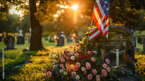  Close-up shot of a gravestone adorned with American and flowers grown, sunrise time Veteran Day. photo