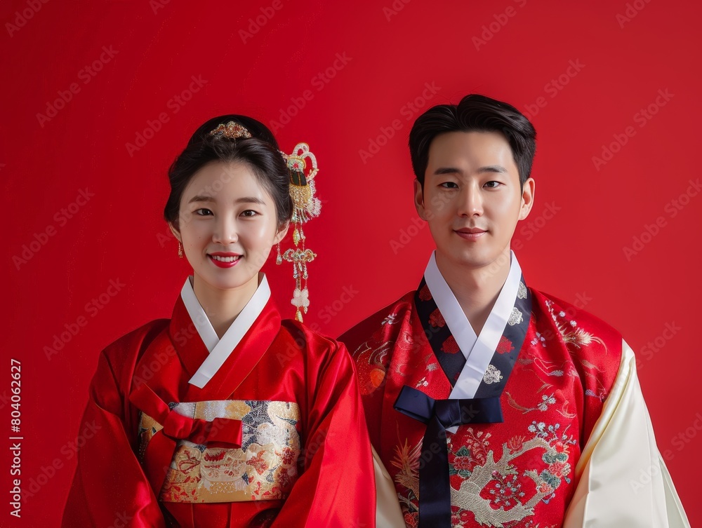 Korean Couple in Traditional Hanbok Dresses. Generative AI. Korean Couple in Traditional Hanbok Dresses. Generative AI.
