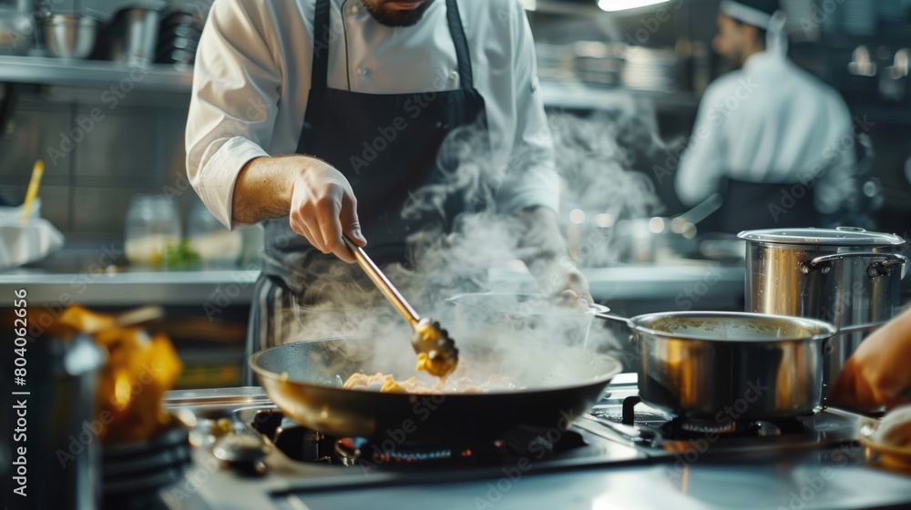A skilled chef in a white uniform meticulously garnishing a dish in a modern, well-equipped restaurant kitchen. A skilled chef in a white uniform meticulously garnishing a dish in a modern, well-equipped restaurant kitchen.