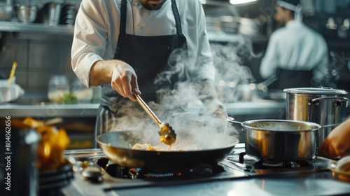 A skilled chef in a white uniform meticulously garnishing a dish in a modern, well-equipped restaurant kitchen.