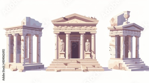 Illustration of an ancient Greek or Roman temple with columns and stairs with preserved and ruined facades on white background.