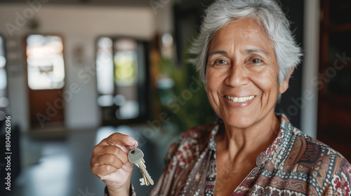 Happy retired elderly Latin woman showing keys from new home, smiling, promoting mortgage, rent apartment agency service, real estate property buying, looking at camera, smiling, posing for portrait  photo