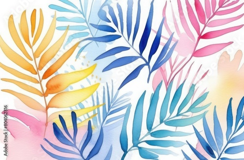 trendy summer floral pattern background  watercolor illustration  artistic wallpaper in colorful pastel colors  palm leaves. Summer colors of botanical tropical leaves  sunlight and shadows.