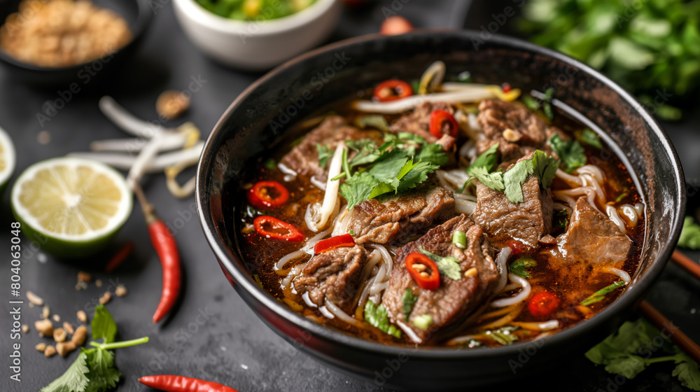 An appetizing image of a beef pho bowl, with rich broth and fresh herbs, capturing the essence of this traditional Vietnamese dish An appetizing image of a beef pho bowl, with rich broth and fresh herbs, capturing the essence of this traditional Vietnamese dish