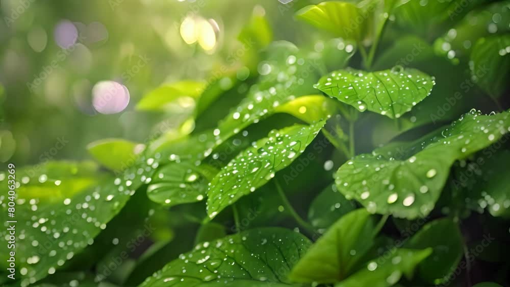 Fresh green leaves with sparkling water droplets after rain Fresh green leaves with sparkling water droplets after rain