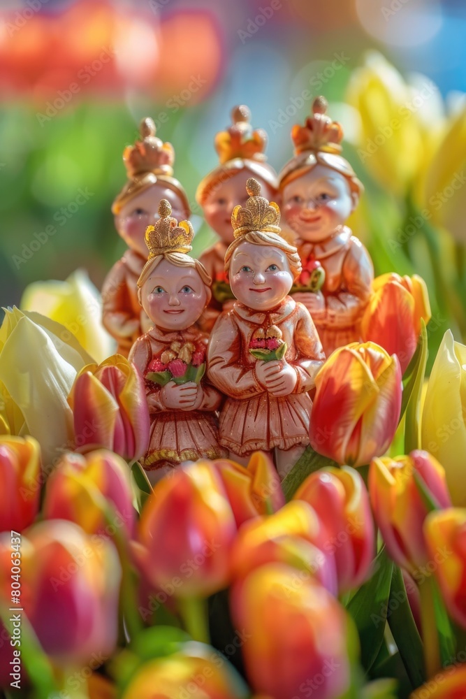 Miniature figurines resting on a bed of colorful flowers, perfect for garden and nature themes