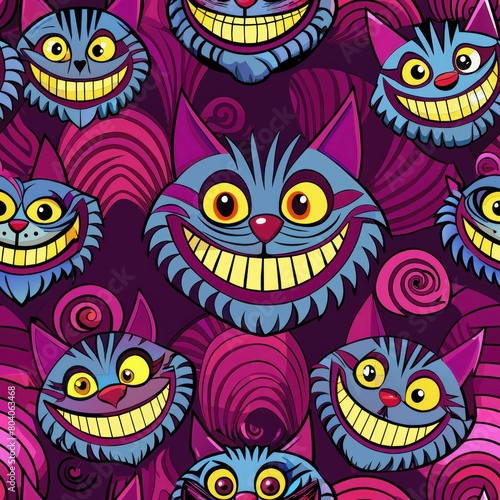 Seamless pattern of fantastical creatures like grinning Cheshire cats, Generative AI
