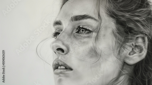 A hyper-realistic pencil drawing of a young woman with a contemplative expression.