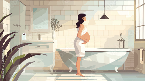 Pregnant woman suffering from toxicosis in bathroom Vector photo