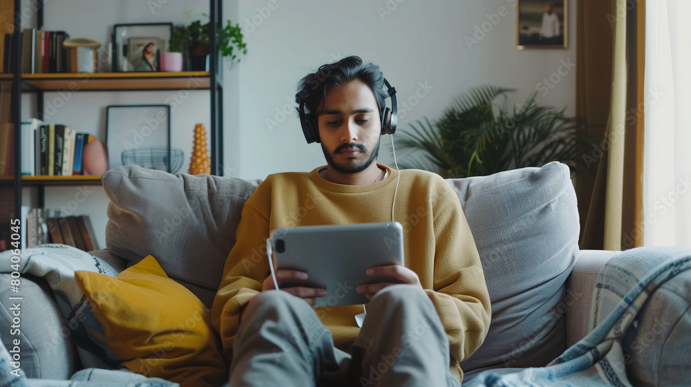 Young Indian man in modern wireless headphones sit on sofa watch new vlog or music videos on digital tablet, enjoy videocall talk with family, choose audio book spend pleasant time on internet at home Young Indian man in modern wireless headphones sit on sofa watch new vlog or music videos on digital tablet, enjoy videocall talk with family, choose audio book spend pleasant time on internet at home