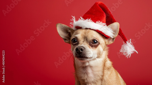 Adorable dog in Santa hat on color background
