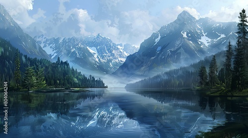 Wallpaper Mural Mountain Lake: Nestled between towering mountains, a serene lake reflects the surrounding peaks, its still waters disturbed only by the occasional ripple from a passing breeze  Torontodigital.ca