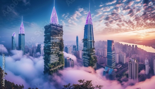 "Urban Eden: Glowing Flora Amidst Cloud-Kissed Skyscrapers"