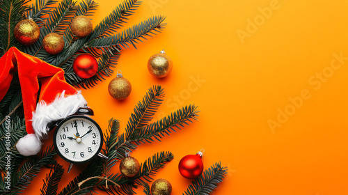 Alarm clock and Santa hat Christmas tree branches with photo