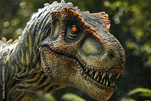 A t-rex dinosaur is walking through a forest with its mouth open © Kseniya
