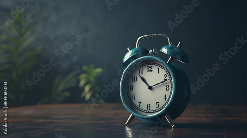 Alarm clock on table against dark color background. Ti