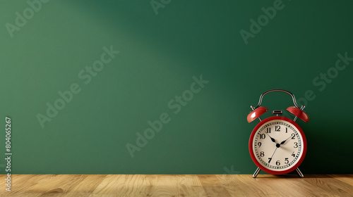 Alarm clock on table near green wall closeup