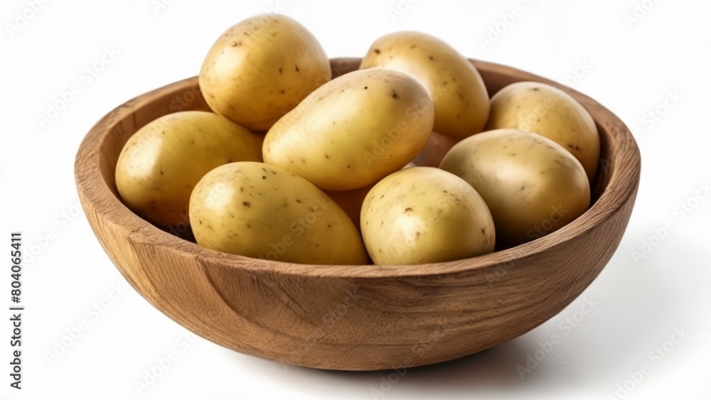 A wooden bowl filled with fresh potatoes A wooden bowl filled with fresh potatoes