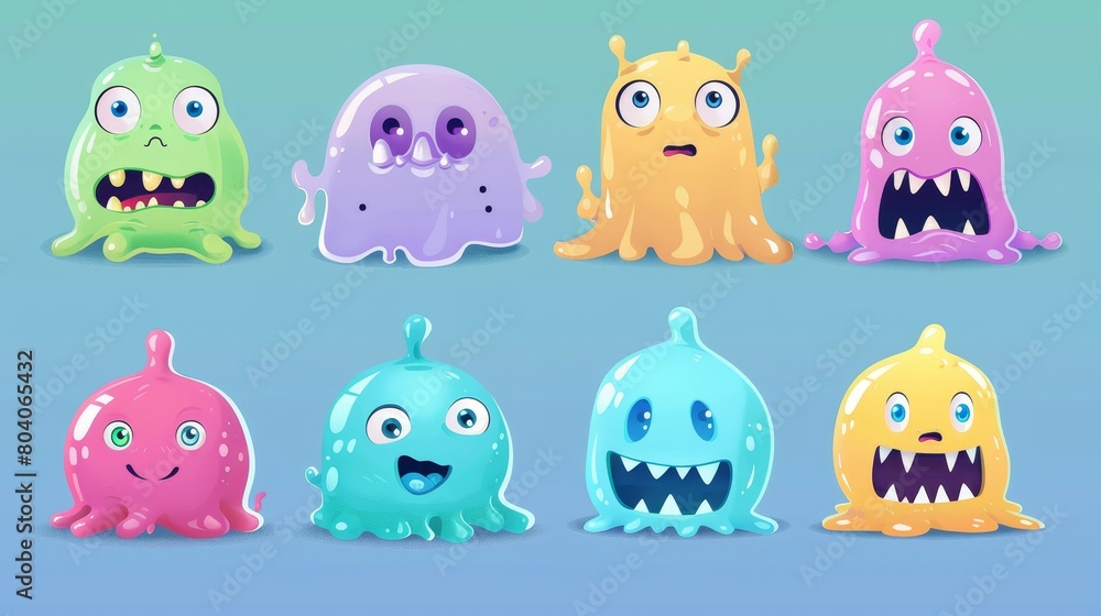 A cartoon set of cute jelly game characters isolated on a white background. This image shows slime creatures with big eyes, monster teeth, different emotions, and colored simple gel aliens smiling at A cartoon set of cute jelly game characters isolated on a white background. This image shows slime creatures with big eyes, monster teeth, different emotions, and colored simple gel aliens smiling at